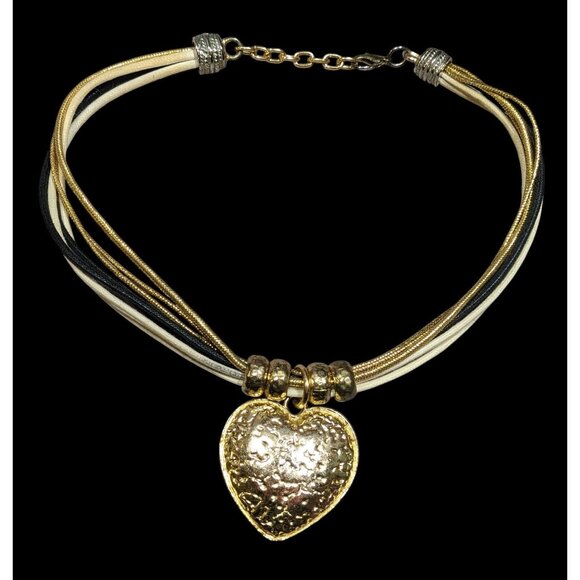 Funky Glam Textured Heart Gold Tone And Tan Pendant Necklace - Picture 1 of 6